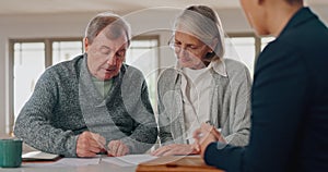 Senior couple, home and documents with financial advisor for pension fund, retirement or agreement. Insurance, paperwork