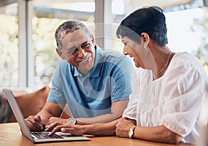 Senior couple, home and laptop for planning finance, retirement funding and investment or asset management. Elderly