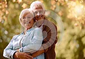Senior couple, hug and face portrait at park on holiday or vacation mockup. Love, romance or retired elderly man hugging
