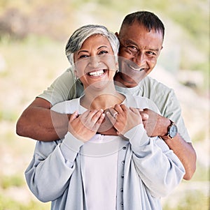 Senior couple, hug and happy portrait together in nature and love in marriage with support or garden in nursing home