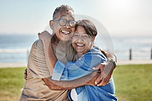 Senior couple, hug and happy on vacation being romantic, smile or bonding to celebrate marriage, anniversary or beach
