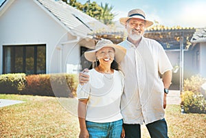 Senior couple, hug and portrait in garden with smile, summer sunshine and bonding in retirement. Happy elderly man, old
