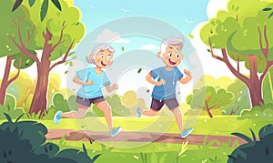 senior couple jogging at park, happy old man and woman running and exercising at nature, older people active lifestyle