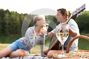 Senior couple at the lake having a picnic