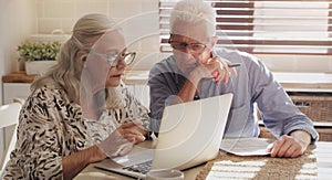 Senior couple, laptop and kitchen table with paper budget for investment profit, retirement and speaking. Tech, document