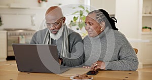 Senior couple, laptop and talk in home with smile for reading, typing and check email notification. Elderly African man