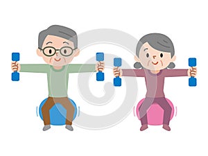 Senior couple lifting dumbbells while sitting on exercise ball