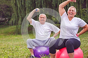 Senior couple lifting dumbbells while sitting on fitness ball in