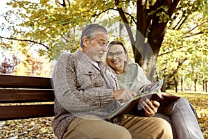 Senior couple looking at photo album at the park