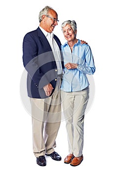 Senior, couple and love by man and woman happy and hugging isolated against a studio white background. Old people or