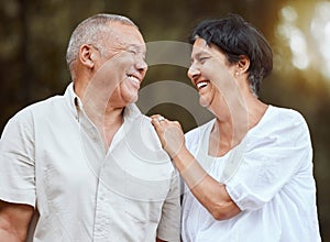 Senior, couple and marriage mindset of happy smile of people in nature with a hug. Happiness of a elderly retired woman