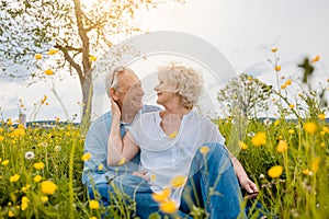 Senior couple in a meadow being happy