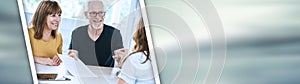 Senior couple meeting real estate agent; panoramic banner