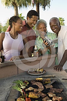 Senior couple and mid-adult couple looking at camcorder at outdoor barbecue.