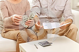 Senior couple with money and calculator at home