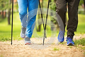 Senior couple nordic walking in park