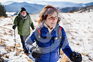 Senior couple with nordic walking poles hiking in snow-covered winter nature.