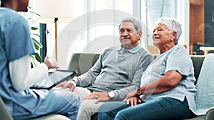 Senior couple, nurse and consultation with tablet on sofa at home for healthcare, advice or retirement plan. Elderly man