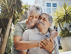 Senior, couple and old man and woman hug with love, care and support outside their home or house. Lovers, pensioner and