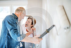 Senior couple painting walls in new home, relocation concept.
