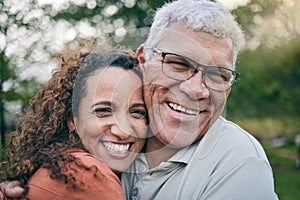 Senior couple, park and portrait with smile, hug or love on vacation, outdoor or bonding in summer sunshine, Elderly man