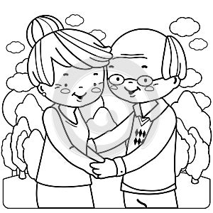 Senior couple at the park. Vector black and white coloring page.