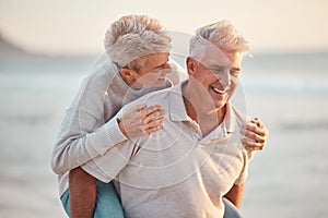 Senior couple, piggy back and beach retirement, summer vacation or sunshine holiday together in outdoor Australia nature
