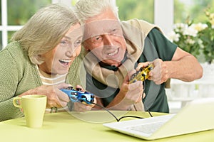 Senior couple playing video game