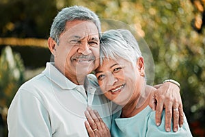 Senior couple, portrait and hug in park, garden and nature for love, care and happiness in summer. Happy man, elderly