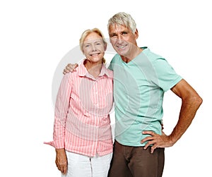 Senior couple, portrait and hug in studio with love, smile and happy for wedding anniversary, celebrate and marriage