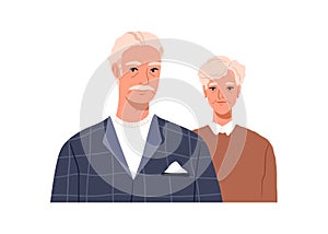 Senior couple portrait of old man and woman. Elderly family of gray-haired grandfather and grandmother faces. Aged