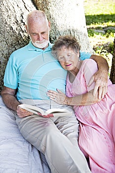 Senior Couple Reading Together Outdoors