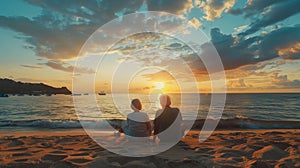 Senior couple relaxing on beach at sunset, back view, summer vacation by the sea