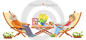 Senior couple relaxing in garden, isolate on white background. Forever together, happy family. vector flat, cartoon