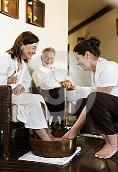 Senior couple relaxing with a spa treatment