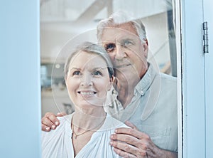 Senior couple, retirement future and window vision for thinking, love and care in Australia home. Happy, elderly and old