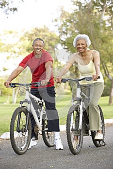 Senior Couple Riding Bikes In Park