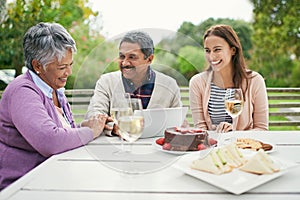 Senior, couple and romance, outdoor and tablet for celebration of anniversary of parents with champagne. Summer, relax
