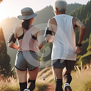 Senior couple runners on sunny day in forest landscape