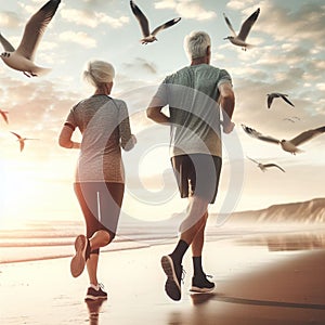 Senior couple runners on sunny day in shore landscape