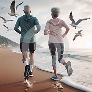 Senior couple runners on sunny day in shore landscape