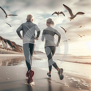 Senior couple runners on sunny day in shore landscape