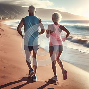 Senior couple runners on sunny day in shore landscape