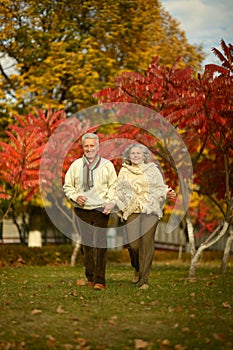 Senior couple running in park