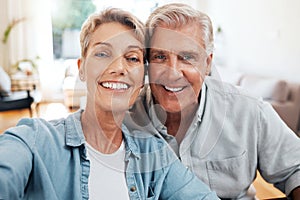 Senior couple selfie portrait in home lounge for love, care and relaxing day together. Faces of smile man, happy woman