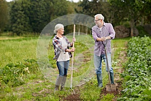 Senior couple with shovels at garden or farm