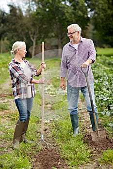Senior couple with shovels at garden or farm