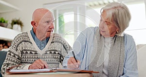 Senior couple, sign documents and insurance, contract and paperwork or agreement. Elderly people, marriage and form