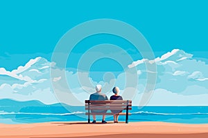 senior couple sit on bench on the beach AI generated