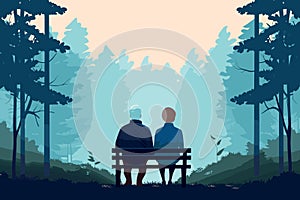 senior couple sit on bench in forest AI generated